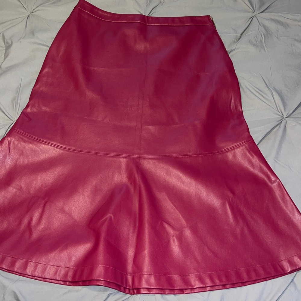 INC International Concepts Berry Burgundy Faux Leather Trumpet A-line Midi Skirt - Picture 7 of 12